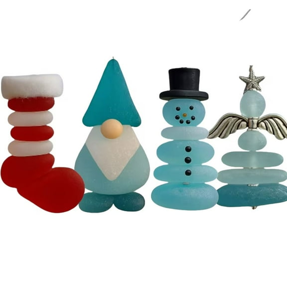 PIKQLJ Coastal Christmas Sea Glass Ornaments, Handmade Sea Glass Christmas Tree Hanging Decorations, Xmas Pendants Decor with Rope, Ornament Gift for Beach Lover (4PCS)