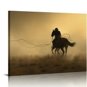 PIKWEEK 3D Art Prints, Cowboys on Horseback, Wrangling Horses on Dusty Ranch, Western Lasso, Horse Farm Animals in Moody Sepia Style, Decor Canvas, Nature Wall Art
