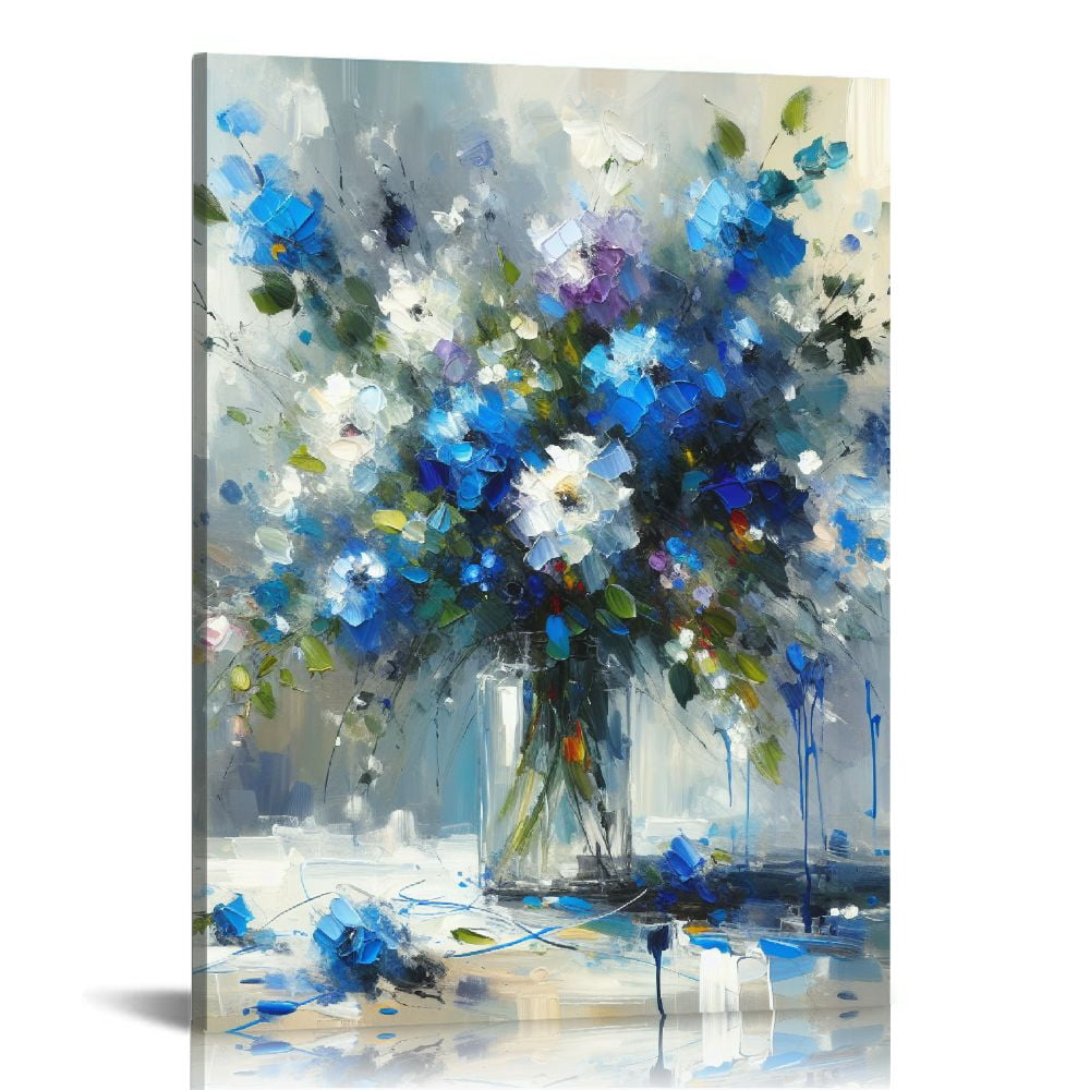 PIKWEEK Abstract Bouquet Canvas Wall Art: Blue Flowers in Vase Artwork ...