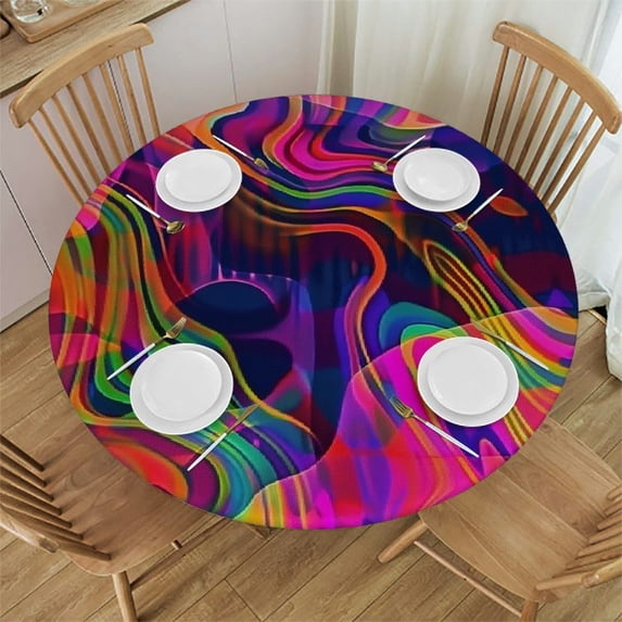 PIKWEEK Abstract Colorful Chaotic Waves Rainbow with Purple Orange Gold Blue Colors Decor Table Cover White