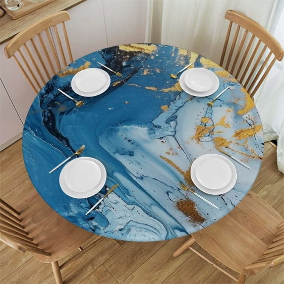 PIKWEEK Abstract Decor Blue Gold Marbling Pictures Waterproof Resistant Fabric Round Tablecloth White
