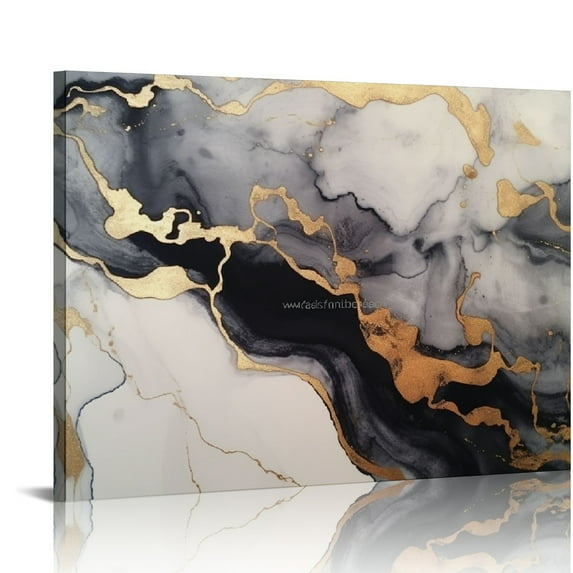 PIKWEEK Abstract Marble Wall Art for Living Room Black and Gold Wall Decor Watercolor Grey White Fluid Canvas Picture Artwork, Modern Minimalist Line Ink Painting for Bedroom Bathroom Decoration