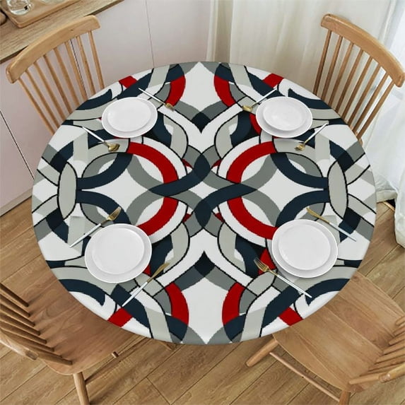 PIKWEEK Abstract Red Grey Round Tablecloth Fitted Table Cover, Elastic Tablecloths Waterproof Outdoor Indoor Stretch Cloth Tablecover for Dinner, Party, Shower, Contemporary Minimalist White