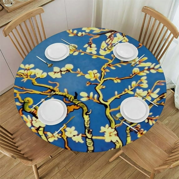 PIKWEEK Almond Blossom Flower Elastic Edged Tablecloth for Round Table, Oil Painting Non Slip Round Table Cover Outdoor Waterproof Tablecloth Polyester Table Cloth Easy Clean White