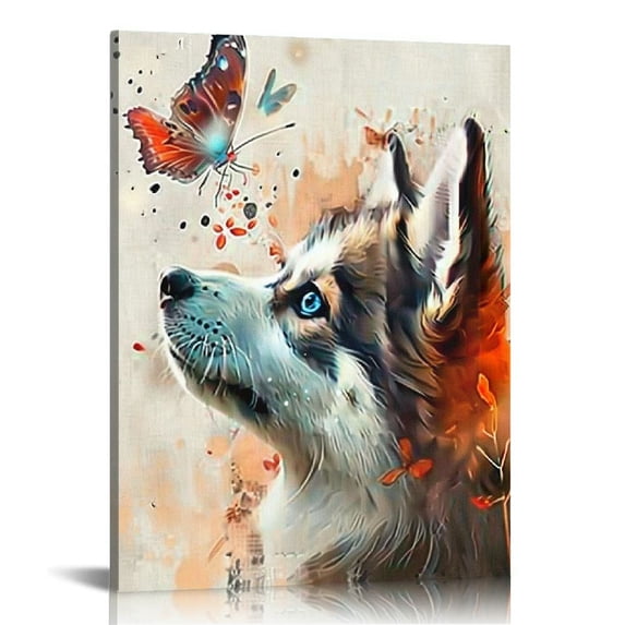 PIKWEEK Animal Canvas Wall Art Gray Framed Painting for Bedroom Decor Abstract Watercolor Cute Cat Dog with Butterfly Print Picture for Kid Boys Room 12*16in/16*20in