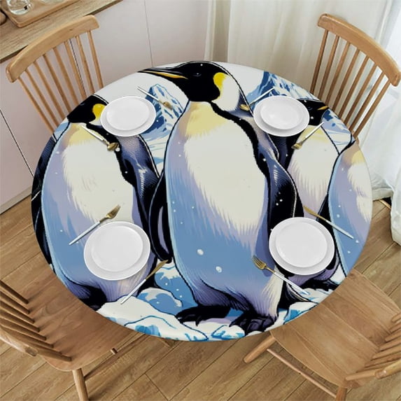 PIKWEEK Animal Penguins Round Tablecloth with Elastic Edge Tablecloth Spill Proof Washable Table Cover for Kitchen Dining Party Outdoor Decor