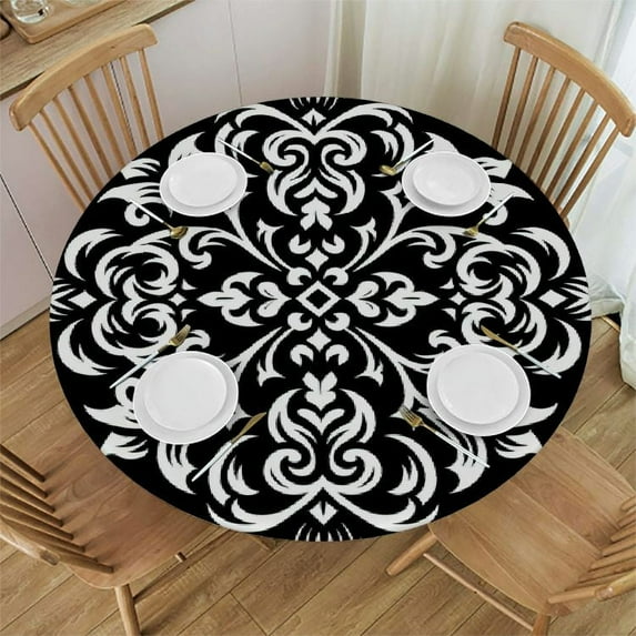 PIKWEEK Arabic Style Abstract Floral Round Fitted Tablecloth Elastic Edge Waterproof Oil-Proof Table Cover Stain-Resistant Table Cloth Fits Round Tables