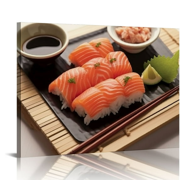 Wuche Art Wall Painting Salmon sashimi plate Oil Paintings Photos Posters Prints Beautiful Pictures Canvas for Home Decorations Gift 20x16in