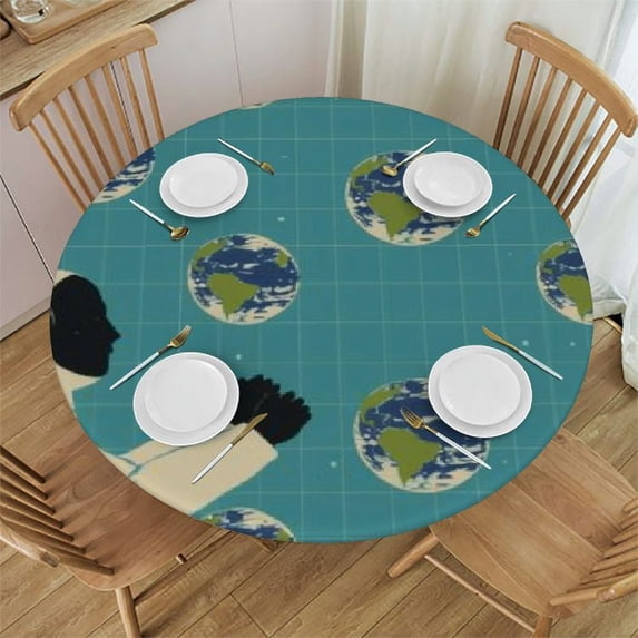 PIKWEEK Astronaut Earth Pattern Fitted Round Table Cover with Elastic Protector Table Kitchen Dinner Waterproof Oil-Proof Tablecloth