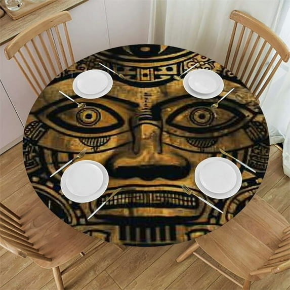 PIKWEEK Aztec Calendar Mayan Sun Stone Tablecloth Round Tablecloths Round Table Cover for Circular Table