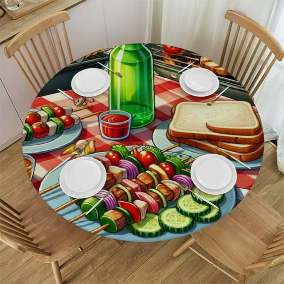 PIKWEEK BBQ Party Themes Round Fitted Tablecloth Elastic Edge Waterproof Oil-Proof Table Cover Stain-Resistant Table Cloth Fits Round Tables