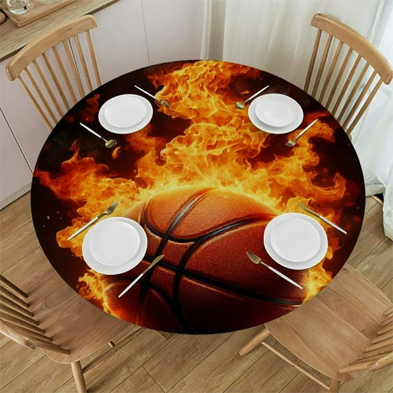 PIKWEEK Ball Basketball Round Fitted Tablecloth Fitted Table Cloth for Round Table Waterproof Wipeable Round Elastic Table Cloth Circular Table Cover with Elastic Edge