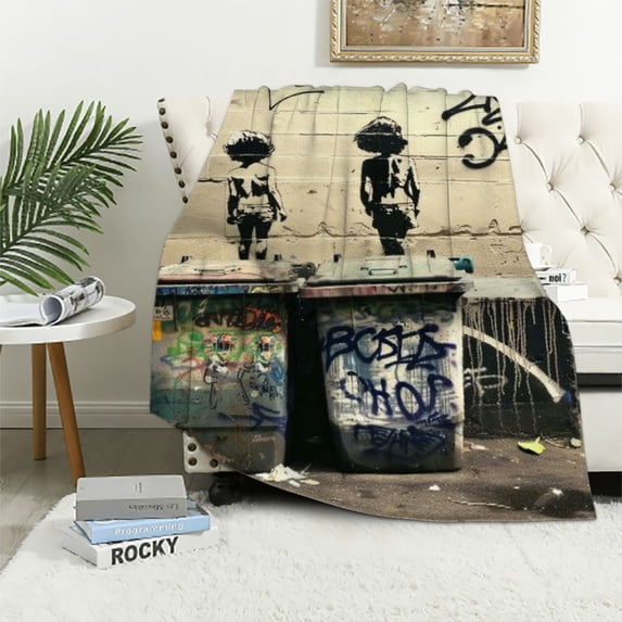 PIKWEEK Banksy Artist Graffiti Blanket Throw Blankets Ultra Soft Flannel Lightweight Throws for Couch, Bed,All Seasons Use Multiple sizes White