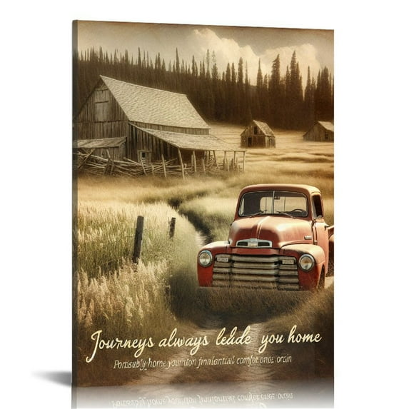 PIKWEEK Barn Pictures Wall Decor Red Truck Farmhouse Canvas Painting Vintage Car Wall Framed Posters Home for Living Room Bedroom Bathroom Decoration 12*16inch/16x20inch