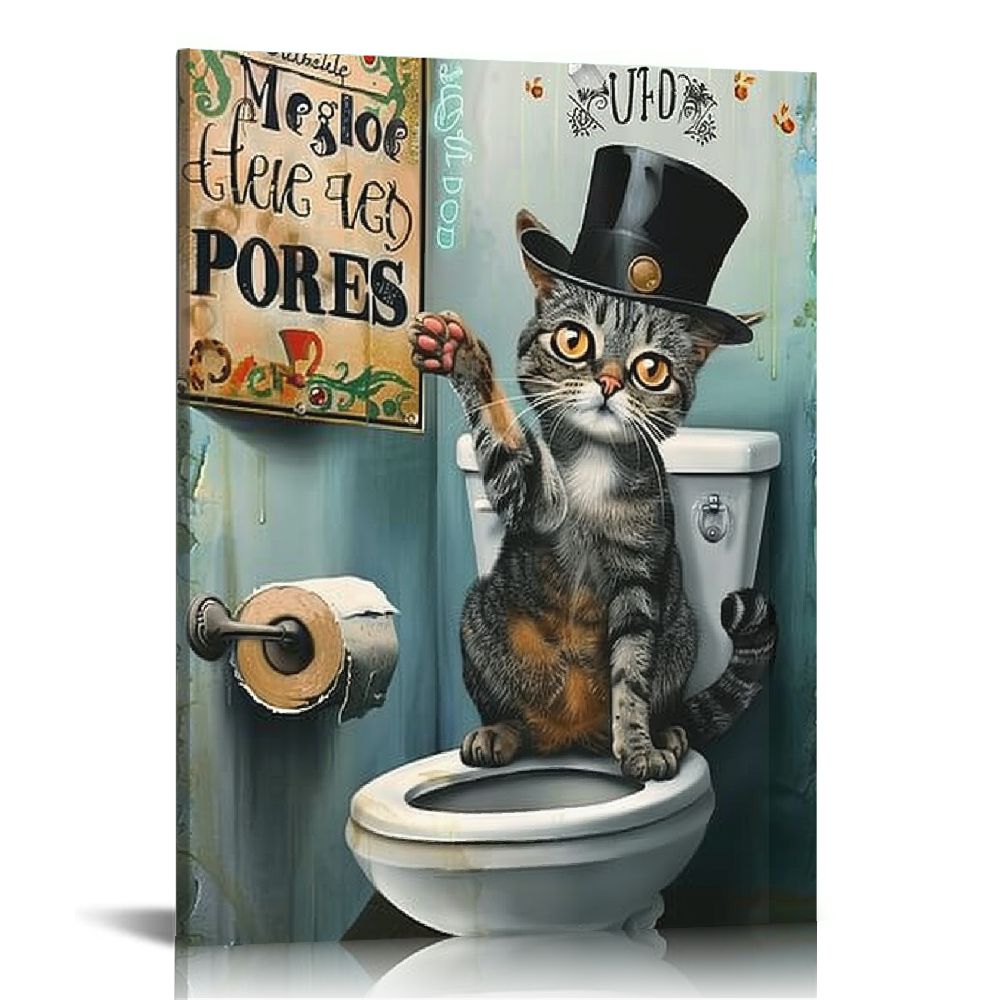 PIKWEEK Bathroom Decor Wall Art Cute Cat Sitting in Toilet Reading ...