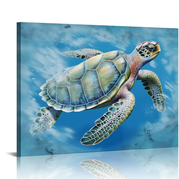 PIKWEEK Bathroom Wall Decor Sea Turtle HD Pictures Print on Canvas Wall Art for Bedroom Kitchen Blue Coastal Room Decorations Art Work Green Turtle on Blue