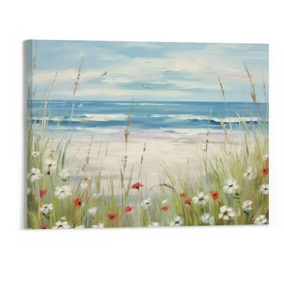 PIKWEEK Beach Scene Canvas Wall Art: Seaside White Wildflower & Blue Ocean Seascape Painting Picture Artwork for Bedroom Wall Decoration 20x16in