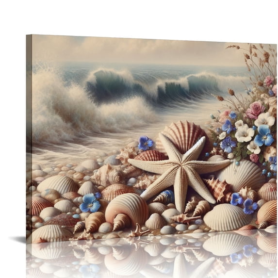 PIKWEEK Beach Seashell Bathroom Wall Art Coastal Floral Pictures Wall Decor Flower Starfish Canvas Painting Modern Home Decorations Artwork for Bedroom Living Room Office 16*12inch/20*16inch