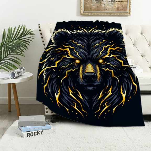 PIKWEEK Bear Gifts Blanket, Cool Black Gold Fire Lightning Bear Blanket, Bear Gifts for Adults/Kids/Students, Cool Animal Print Throw Blanket, Plush Bear Throw Blanket