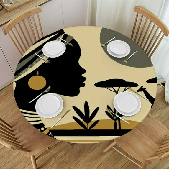 PIKWEEK Beautiful African Woman Round Fitted Tablecloth Elastic Edge Waterproof Oil-Proof Table Cover Stain-Resistant Table Cloth Fits Round Tables