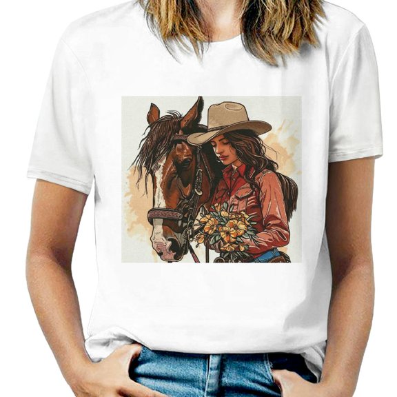 PIKWEEK Beautiful horse pattern casual short sleeved men's and women's spring/summer casual top T-shirt, pure cotton short sleeved, click to choose size