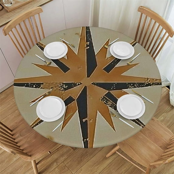 PIKWEEK Beige Tan Fitted Tablecloth Round Hand Drawn Different Compasses Elastic Edged Table Cover, Round Tables Tablecloth Table Cloth Compass Fits up Tables