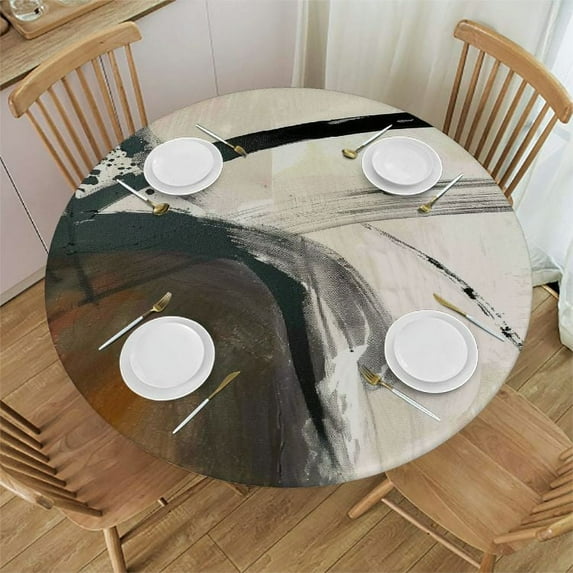 PIKWEEK Black Beige Grey Abstract Geometric Artwork Minimalist Boho Full Width Single-Sided Printing Round Tablecloth White
