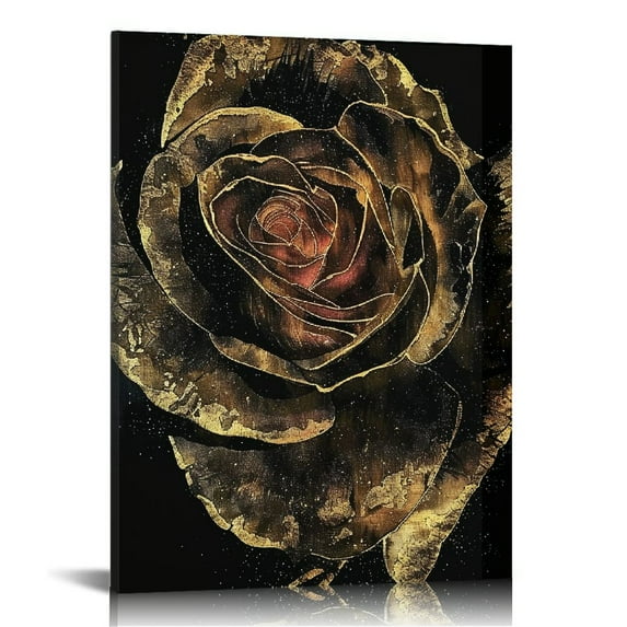 PIKWEEK Black and Gold Flower Wall Art Luxurious Rose Canvas Prints Abstract Romantic Floral Picture Painting Artwork Modern Home Bedroom Living Room Wall Decor Framed