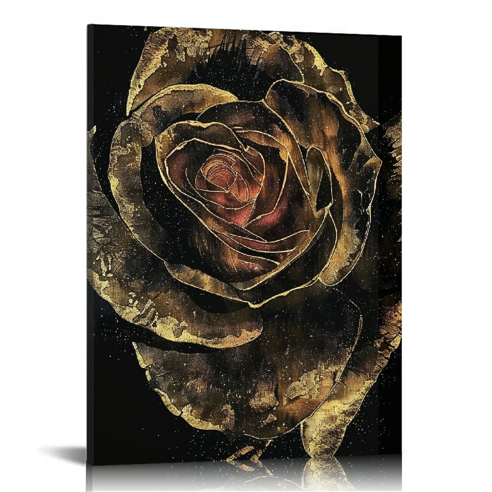 PIKWEEK Black and Gold Flower Wall Art Luxurious Rose Canvas Prints
