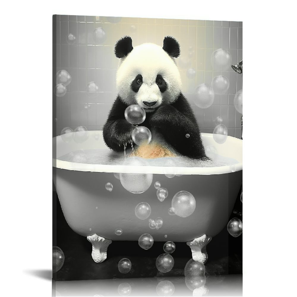 PIKWEEK Black White Animal in Bathtub Canvas Wall Art Panda Print ...