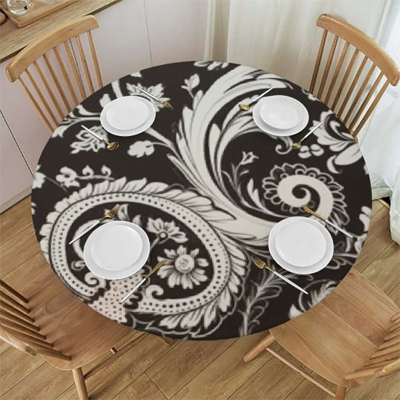 PIKWEEK Black White Line Totem, Elastic Fitted Edged Round Tablecloth Waterproof Anti-Shrink Soft Polyester Table Cloth Washable Table Cover for Banquet Home Indoor or Outdoor White