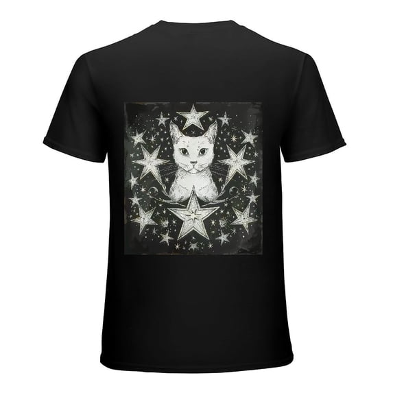 PIKWEEK Black anime cat head circular portrait moon pentagram, designed shirt, artistic display, T-shirt lover gift casual breathable men, women, boys, girls, children Black