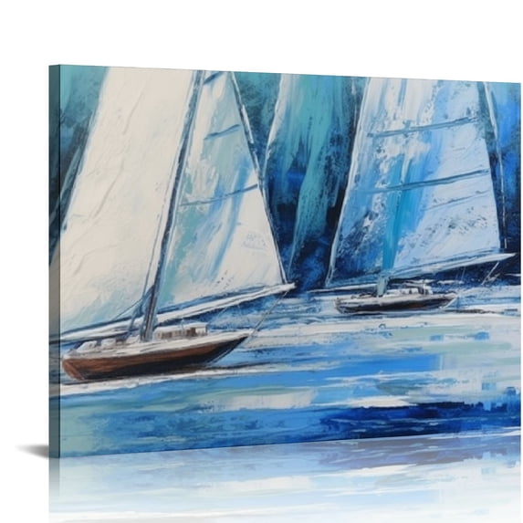 PIKWEEK Blue Abstract Wall Art Canvas Teal Ocean Sailboat Picture Modern Turquoise Coastal Nautical Painting, Extra Large Framed Textured Artwork for Living Room Bedroom Home Wall Decor 20x16in