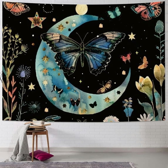 PIKWEEK Blue Butterfly Moon Flower Tapestry Botanical Boho Plant Floral Tapestry for Bedroom Aesthetic Hippie Tapestries Wall Hanging Vintage Tapestry for Living Room Dorm Painting