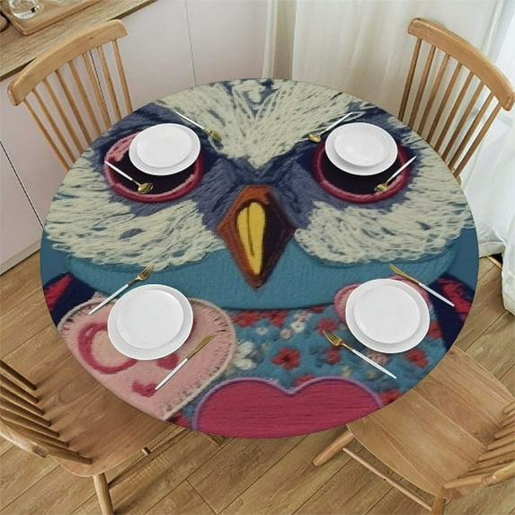 PIKWEEK Blue Cool Owl, Elastic Fitted Edged Round Tablecloth Waterproof Anti-Shrink Soft Polyester Table Cloth Washable Table Cover for Banquet Home Indoor or Outdoor White