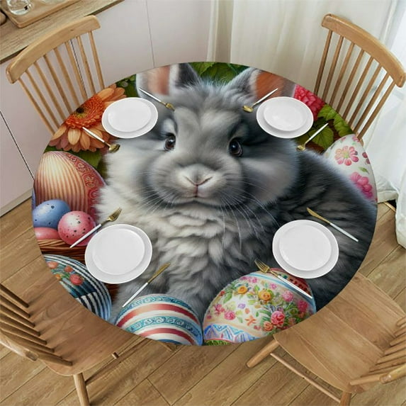 PIKWEEK Blue Plaid Easter Round Tablecloth, Fitted Table Cover with Elastic for Round Tables, Bunny Spring Floral Botanical Rustic Table Cloth Outdoor Indoor Party Waterproof Tablecloths
