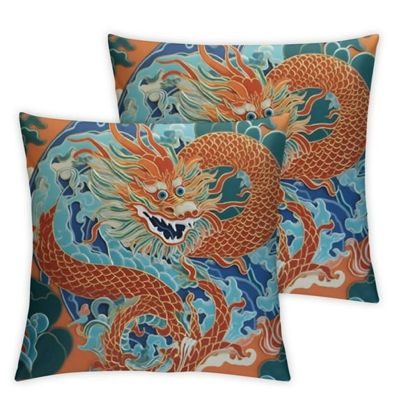 PIKWEEK Blue Teal Asian Dragon Pillow Covers Dragon Orange Navy Blue Turquoise Decorative Cushion Covers Traditional Chinese Chinoiserie Farmhouse Accent Pillow for Sofa 2pc