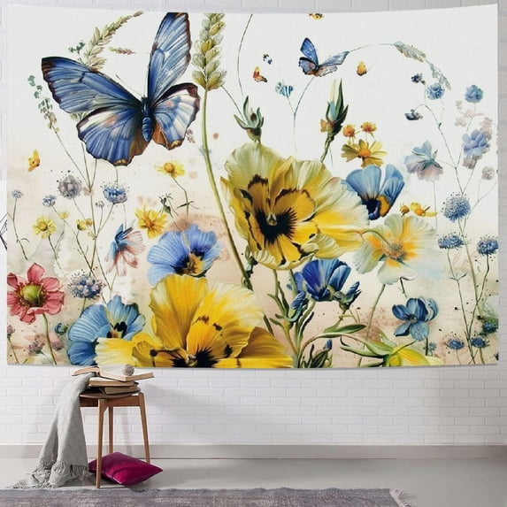 PIKWEEK Blue and Yellow Flower Tapestry Wall Hanging Purple Floral and Butterfly on White Tapestry Country Wildflower Tapestry for Bedroom Living Room Dorm Wall Decor Painting