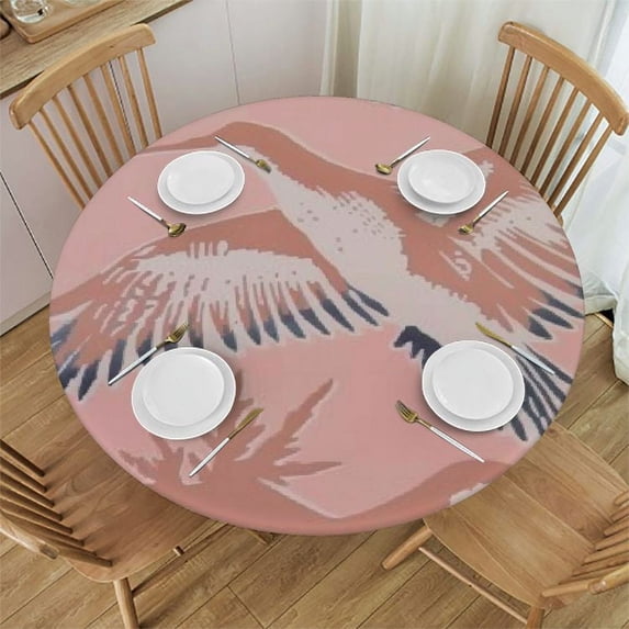 PIKWEEK Blush Pink Bird Swan Chinoiserie Asian Inspired Waterproof Resistant Fabric Round Tablecloth White