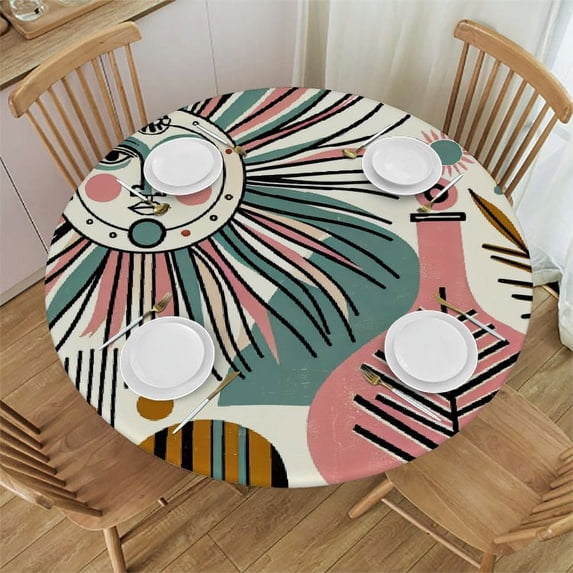 PIKWEEK Boho Geometric Round Tablecloth, Fitted Table Cover with Elastic for Round Tables, Summer Botanical Modern Abstract Art Table Cloth Outdoor Indoor Dinning Party Waterproof Tablecloths