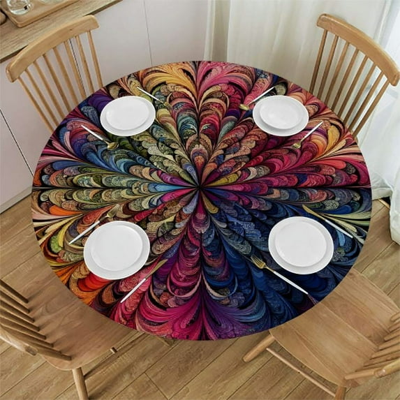 PIKWEEK Boho Pink Purple Fitted Tablecloth for Round Table Mandala Ornamental Meditation Covers for The Home Elastic Edged Flannel Backed Fitted Table Cover Round Floral Fits up Tables