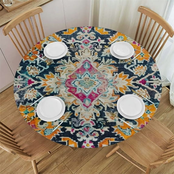 PIKWEEK Boho Vintage Orange Pattern Antique Ethnic Decorative Waterproof Resistant Fabric Round Tablecloth White