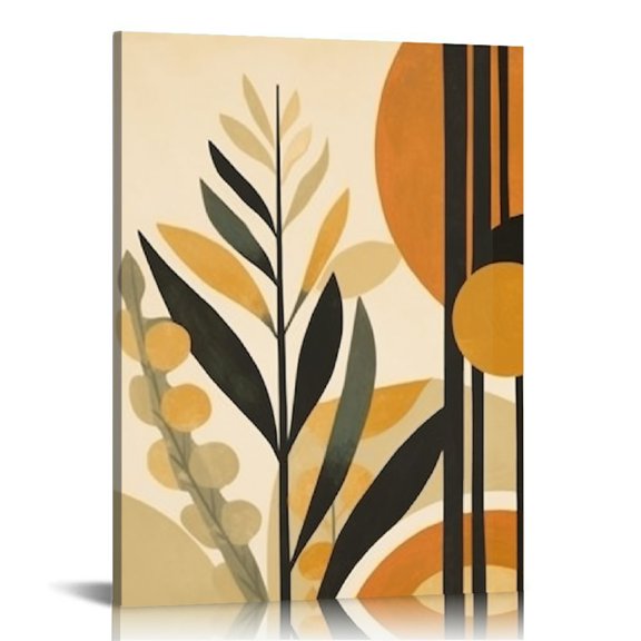 PIKWEEK Boho Wall Art, Boho Room Decor, Mid-Century Modern Wall Art Print, Framed Abstract Canvas Art Prints Sun Botanical Orange Green Beige Minimalist Wall Decor Ready To Hang for Bathroom