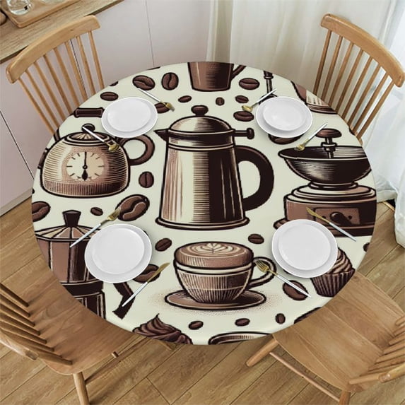 PIKWEEK Brown Coffee Round Tablecloth, Fitted Table Cover with Elastic for Round Tables, Farmhouse Rustic Coffee Table Cloth Outdoor Indoor Dinning Party Waterproof Tablecloths