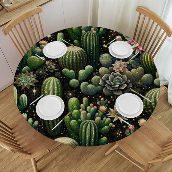 PIKWEEK Cactus Round Tablecloth with Elastic Edge Tablecloth Spill Proof Washable Table Cover for Kitchen Dining Party Outdoor Decor