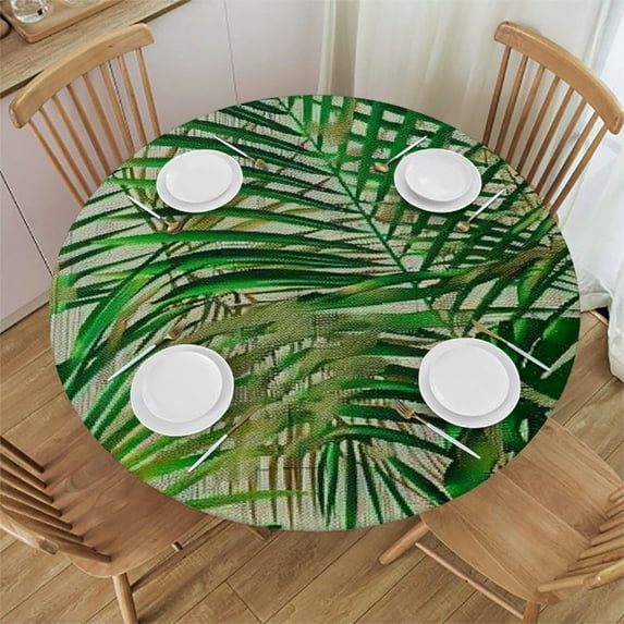 PIKWEEK California Tropical Palm Hawaii Leaves Retro Green Jungle Monstera Leaf Island Tree Nature Flora Round Table Cover White