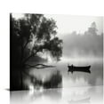 thumbnail image 1 of PIKWEEK Canvas Lake Wall Art Framed: Landscape Picture Misty Forest Water Nature Scene Print Black Boat Painting Decor Calming Artwork Decoration for Living Room Bedroom 20x16in, 1 of 4