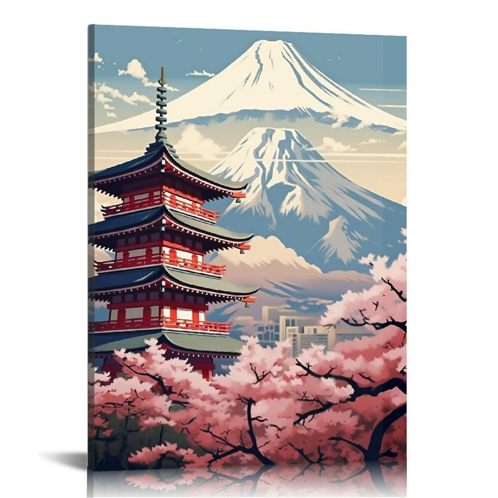 PIKWEEK Canvas Poster Wall Pavilion With Cherry Blossoms Painted