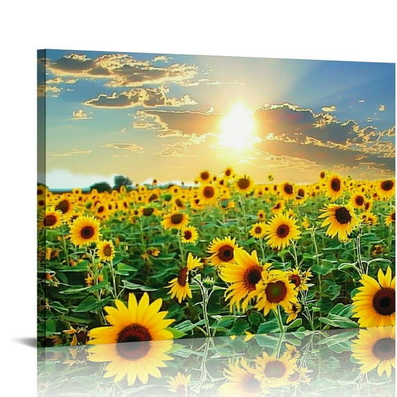 PIKWEEK Canvas Prints Wall Art Lavender Garden Sunflower with Sunset Wall Art Painting, Elephant Beautiful Landscape Print Poster for Living Room Bedroom 16*12inch/20*16inch