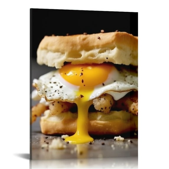 PIKWEEK Canvas Wall Art - Fried Chicken Sandwich with a Sausage Gravy on a Biscuit Painting on Canvas Wall Art Office Living Room Kitchen Modern Home Decor 12x16 in